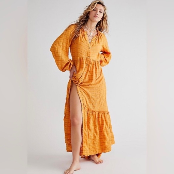 Free People Edie Dress Tiered Maxi Duster Equestrian Boho Dress in Suntan
